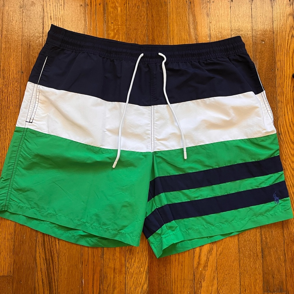Polo by Ralph Lauren Green & Navy Blue Stripped Swim Trunks Board Shorts
